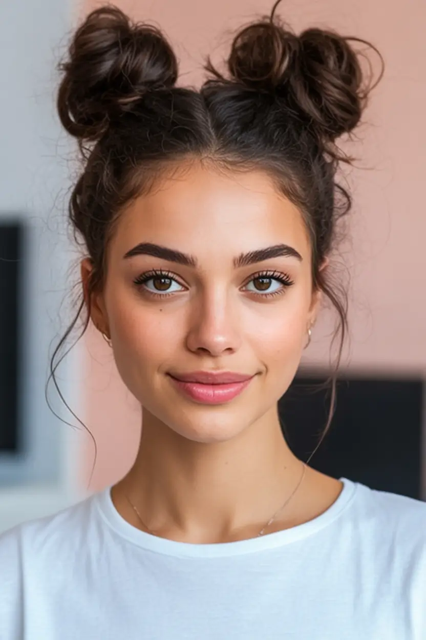 end of summer hairstyles ideas 2025 Double Buns for Double the Fun