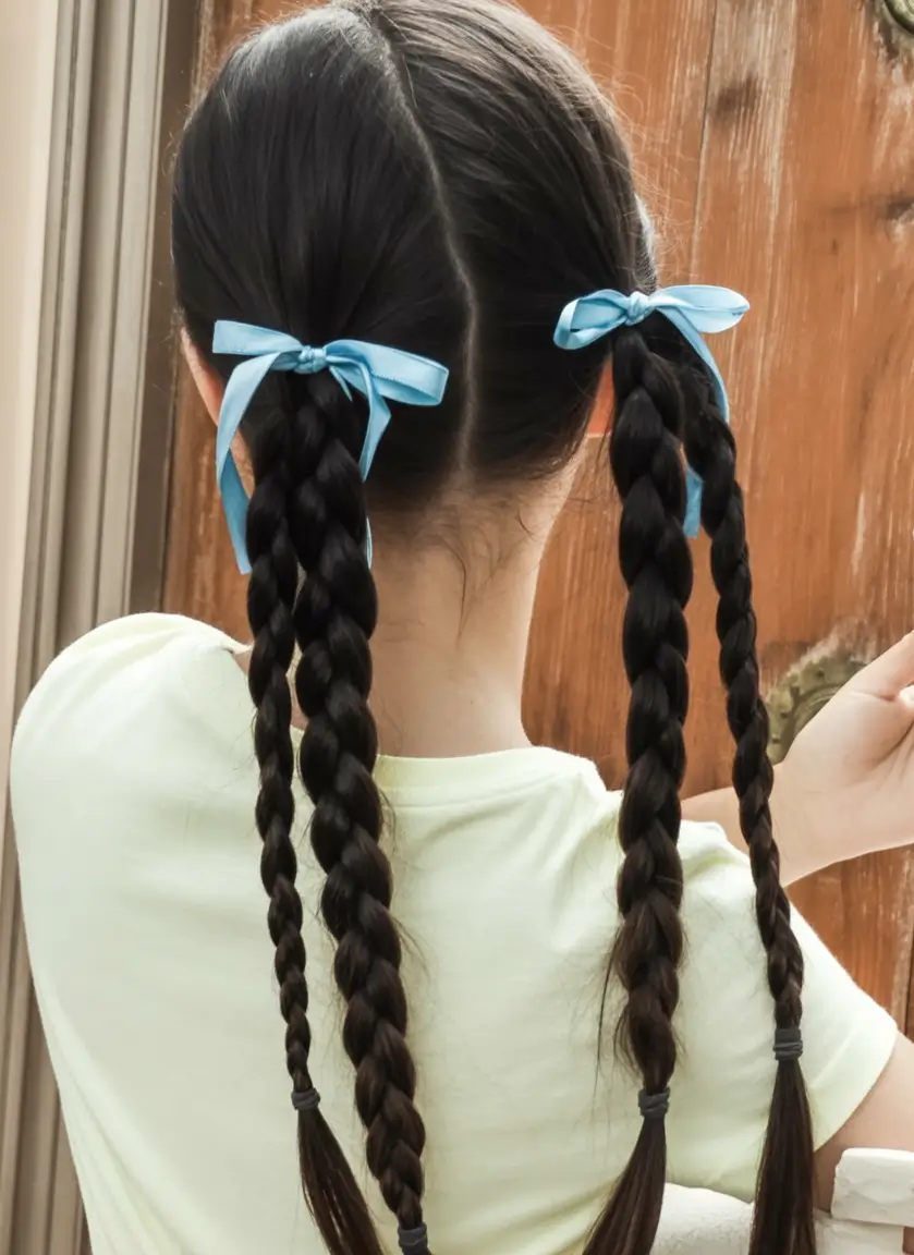 end of summer hairstyles ideas 2025 Double Braids With Ribbon Wrap