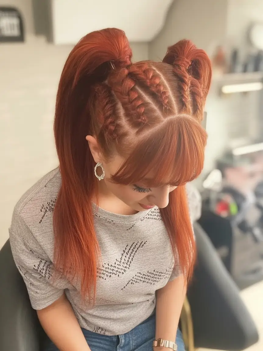end of summer hairstyles ideas 2025 Copper Braided Double Ponytails