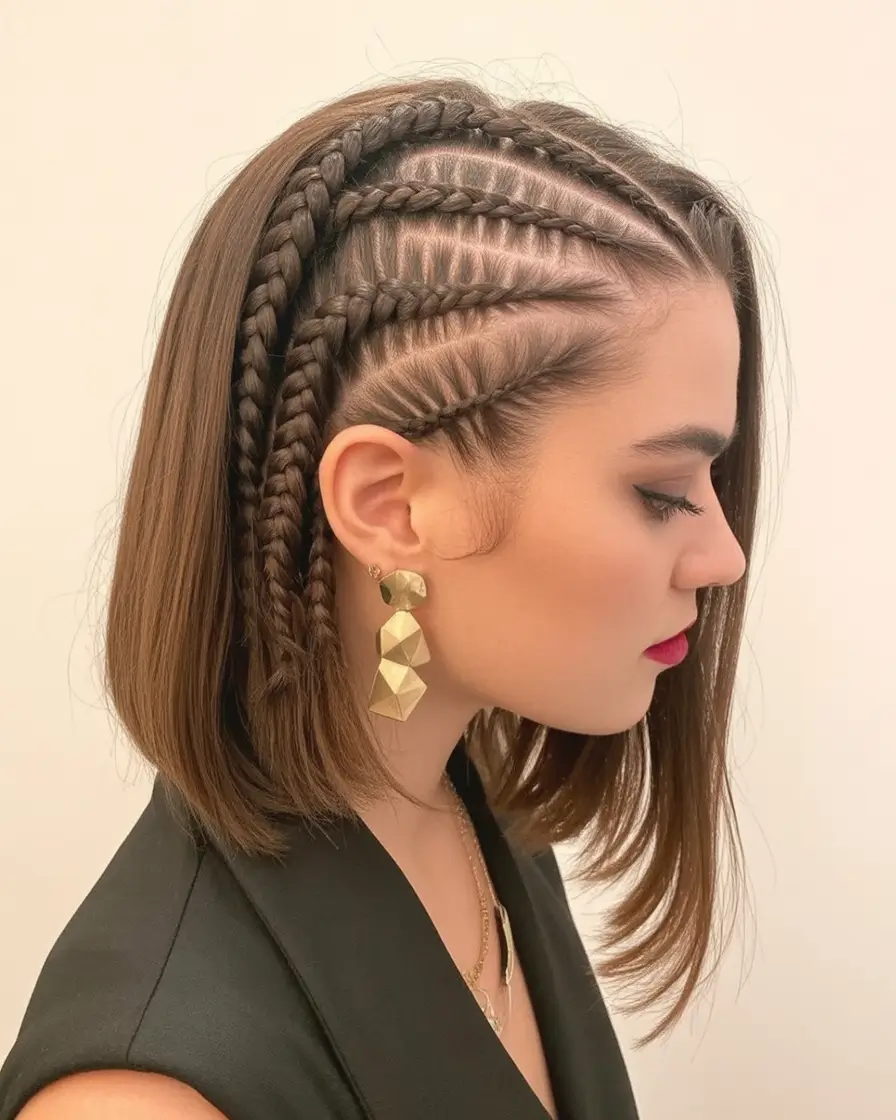 end of summer hairstyles ideas 2025 Sleek Side Braids with Geometric Elegance