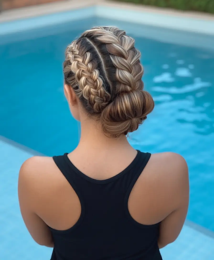 end of summer hairstyles ideas 2025 Braided Poolside Bun