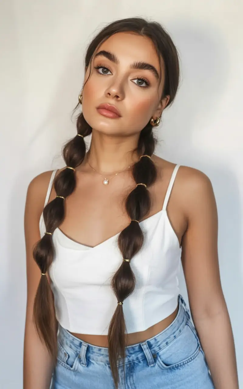 end of summer hairstyles ideas 2025 Bubble Braids With Gold Bands