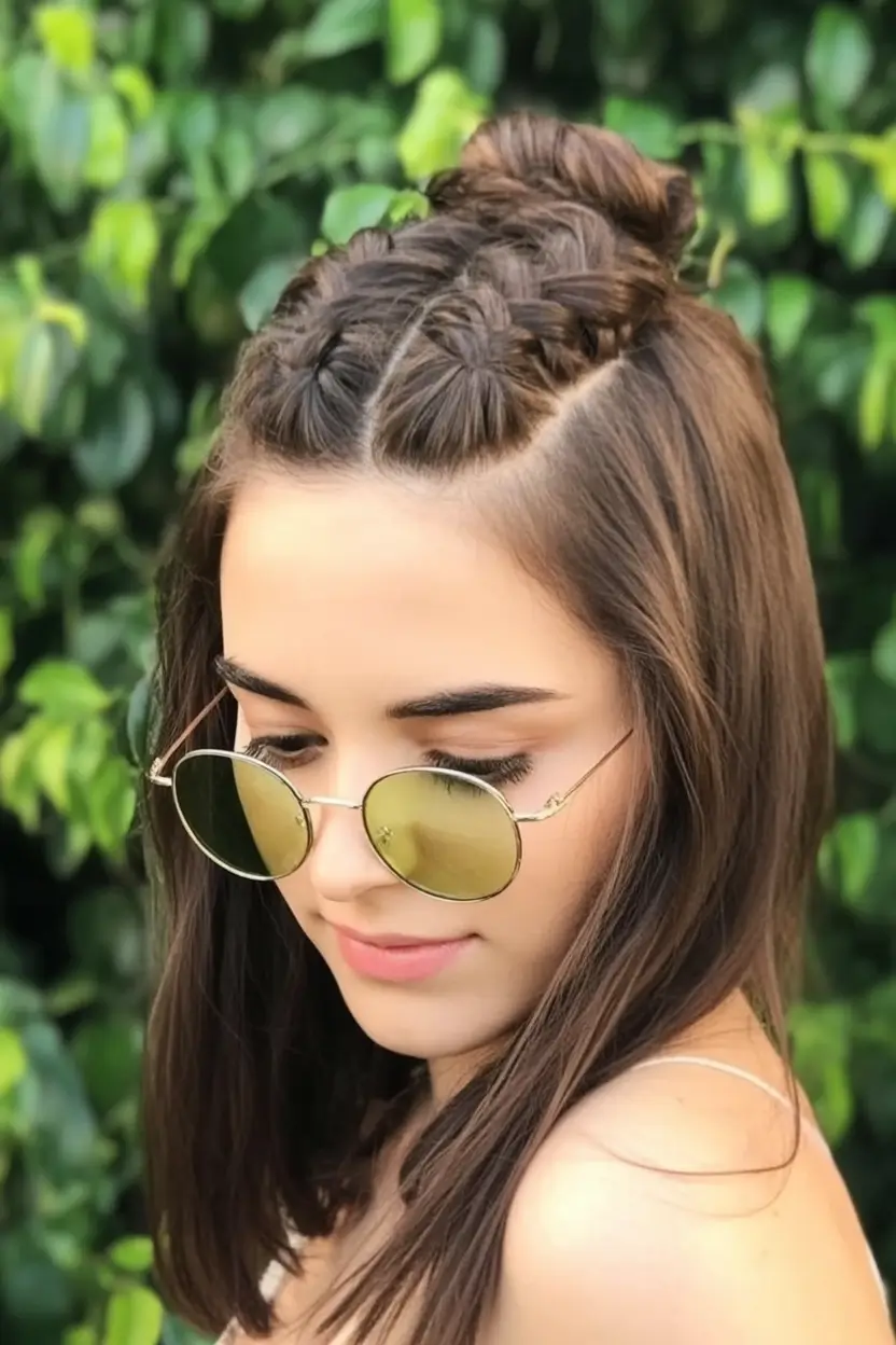 end of summer hairstyles ideas 2025 Half Up Braided Knot With Summer Shine