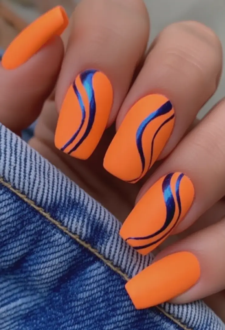 end of summer nails ideas 2025 Electric Orange Waves