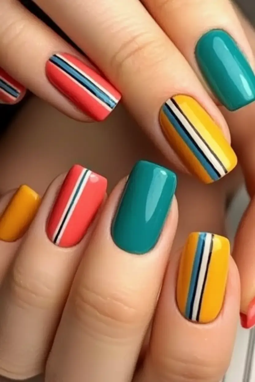 end of summer nails ideas 2025 Retro Poolside Stripes
