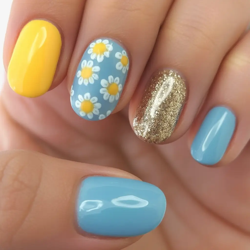 end of summer nails ideas 2025 Daisy Dreams & Gold Dust