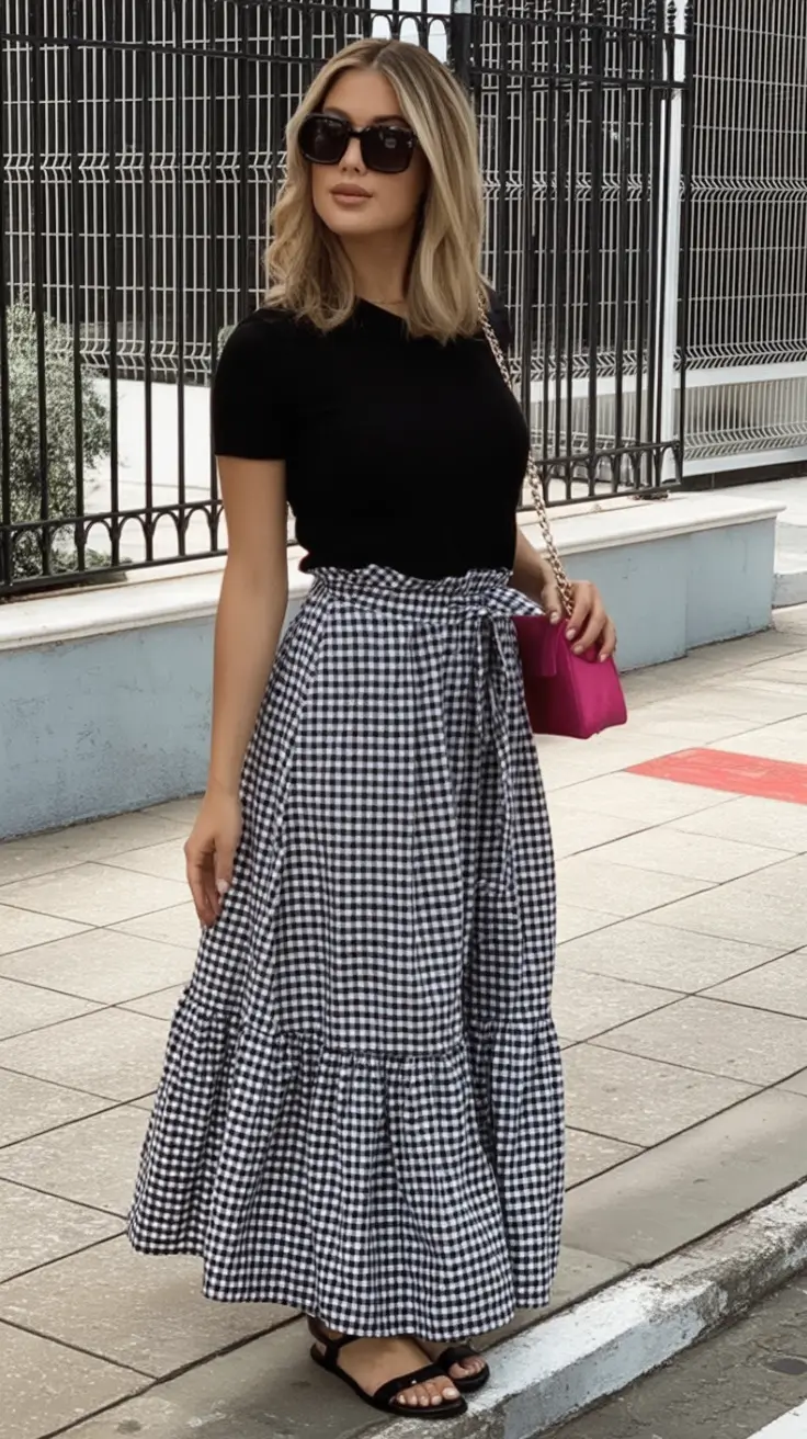 end of summer outfits ideas 2025 Monochrome Gingham Grace