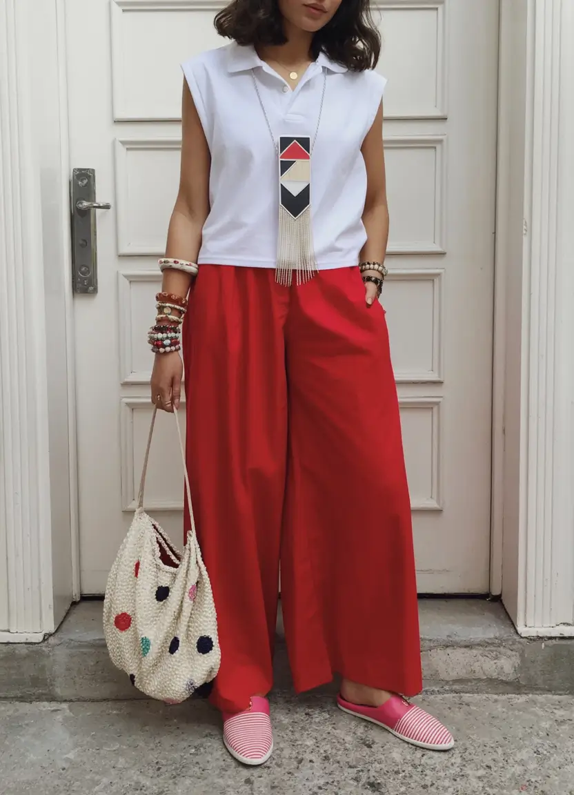 end of summer outfits ideas 2025 Graphic Lines and Playful Reds