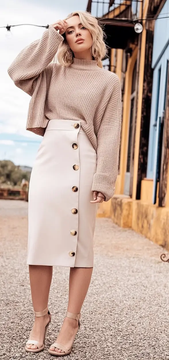 fall outfits for women over 30 Beige Elegance with a Buttoned Twist