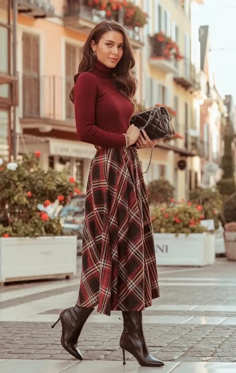 fall outfits for women over 30 Bordeaux and Tartan for the Win