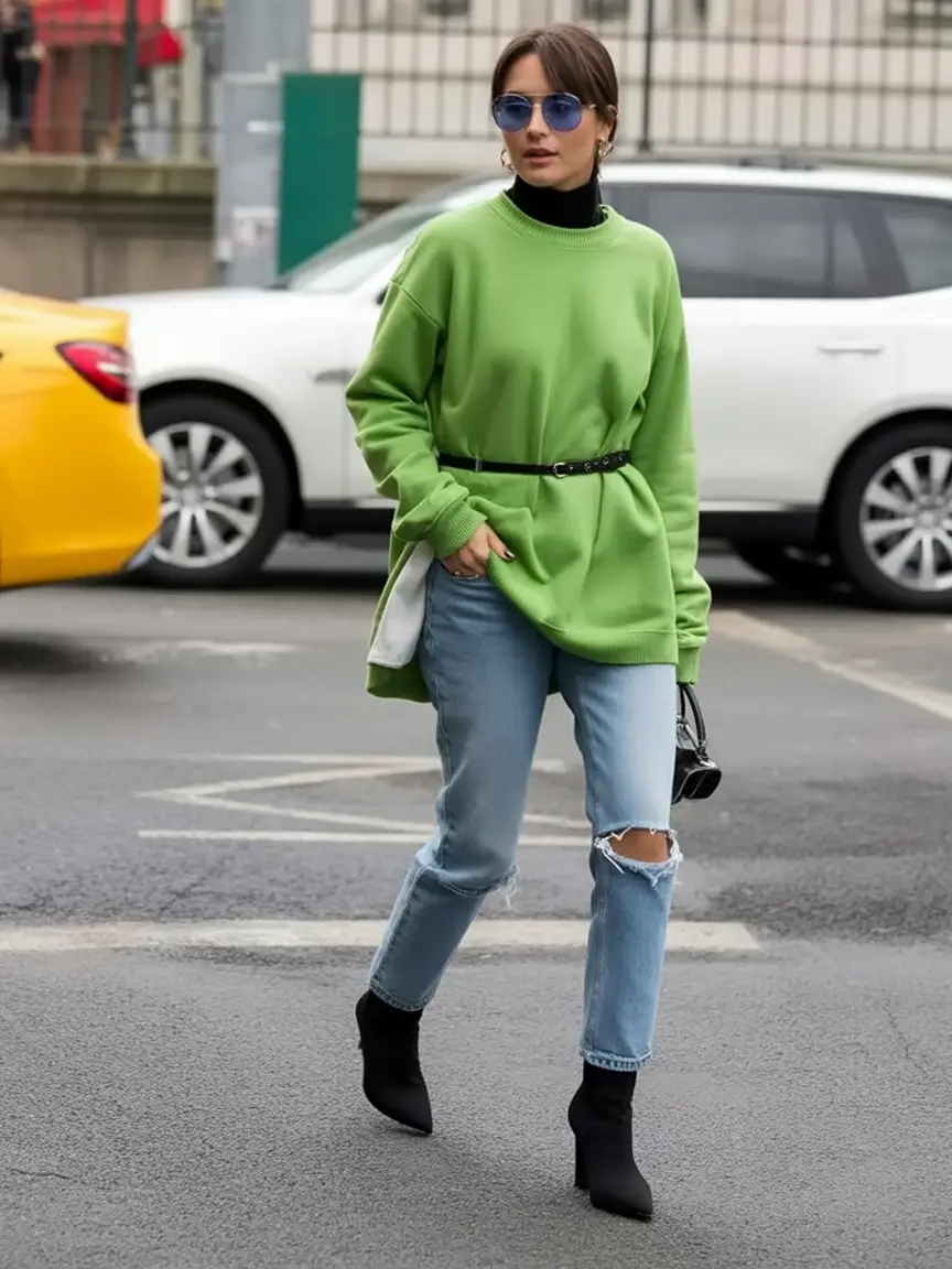 fall outfits for women over 30 Edgy Green Streetwear Meets Soft Glam