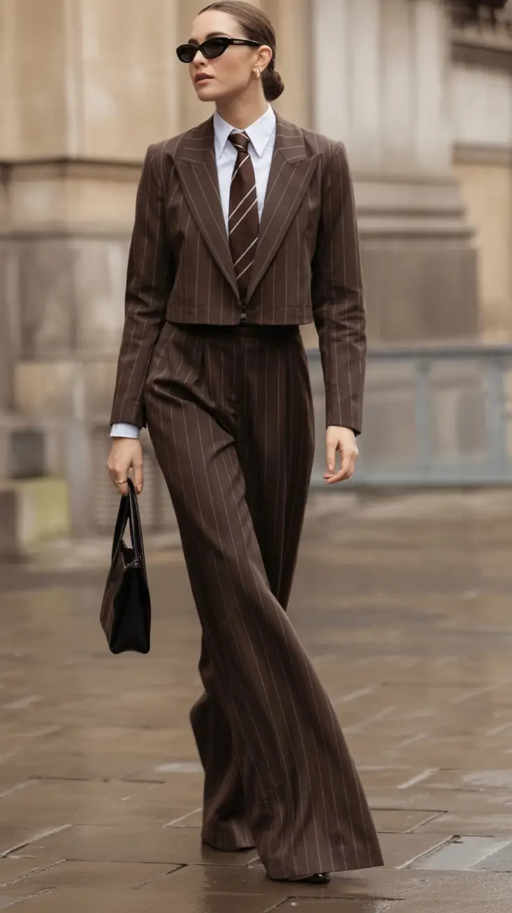 Fall 2025 Fashion Inspiration for Stylish Women Boss Energy in Brown Pinstripes