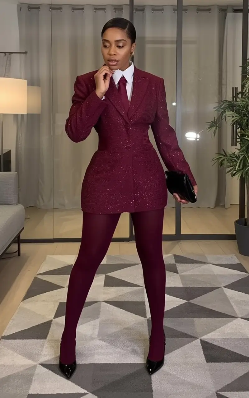 Fall 2025 Fashion Inspiration for Stylish Women Wine-Toned Suit Dress Drama