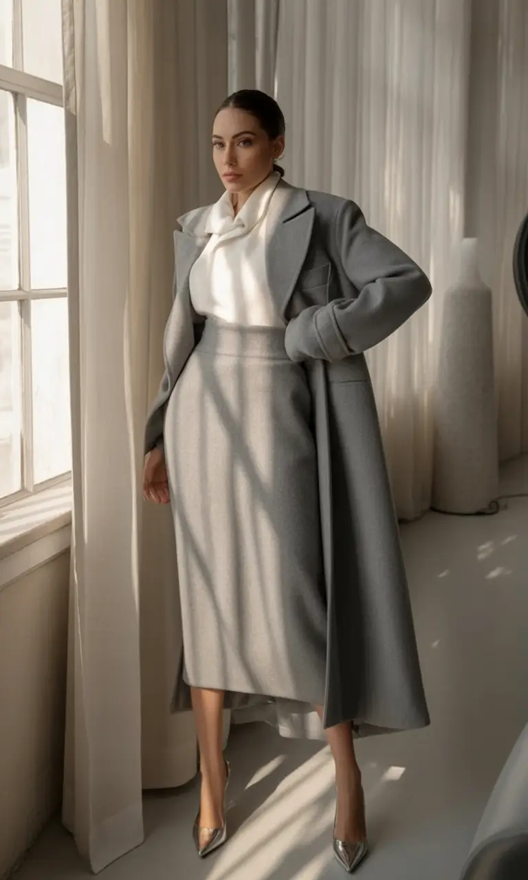 Fall 2025 Fashion Inspiration for Stylish Women Layered Elegance in Monochrome Gray