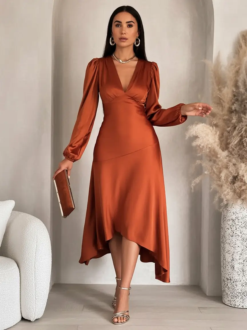 Fall 2025 Wedding Guest Dresses to Impress Terracotta Satin for a Glowing Entrance