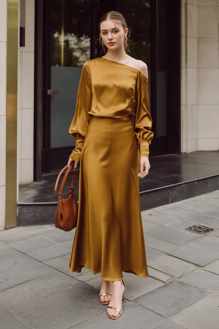 Fall 2025 Wedding Guest Dresses to Impress Golden Amber Silk for a Sunset Moment