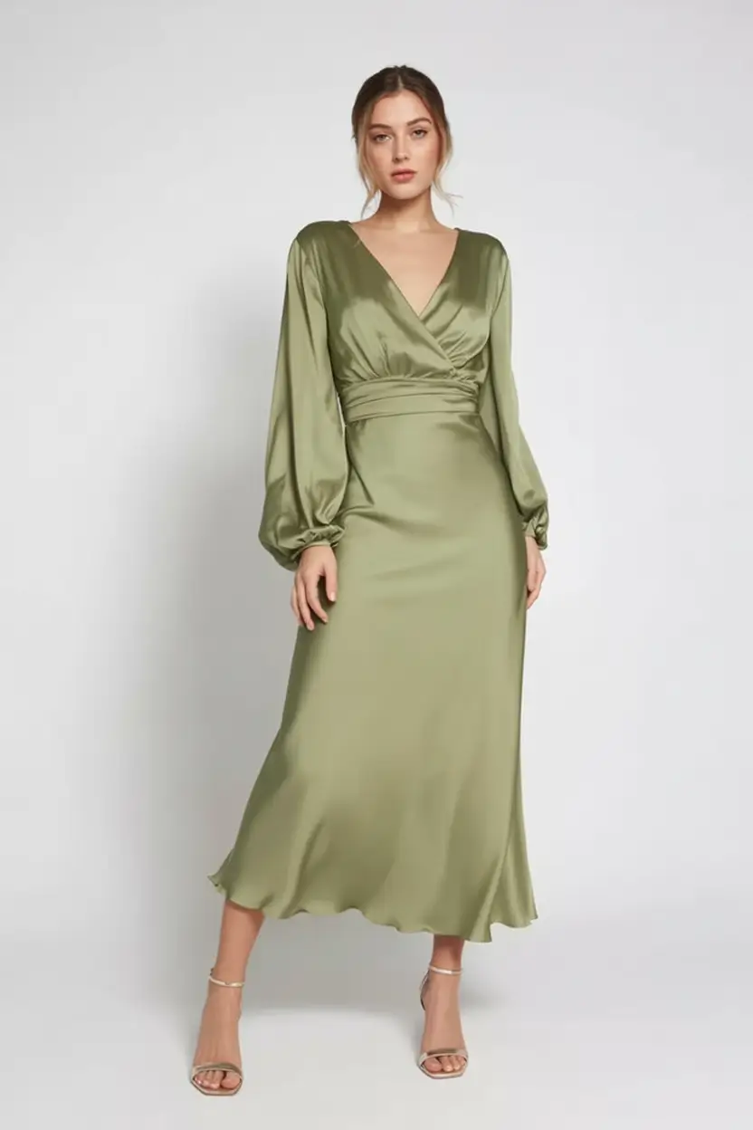 Fall 2025 Wedding Guest Dresses to Impress Sage Satin with Quiet Elegance