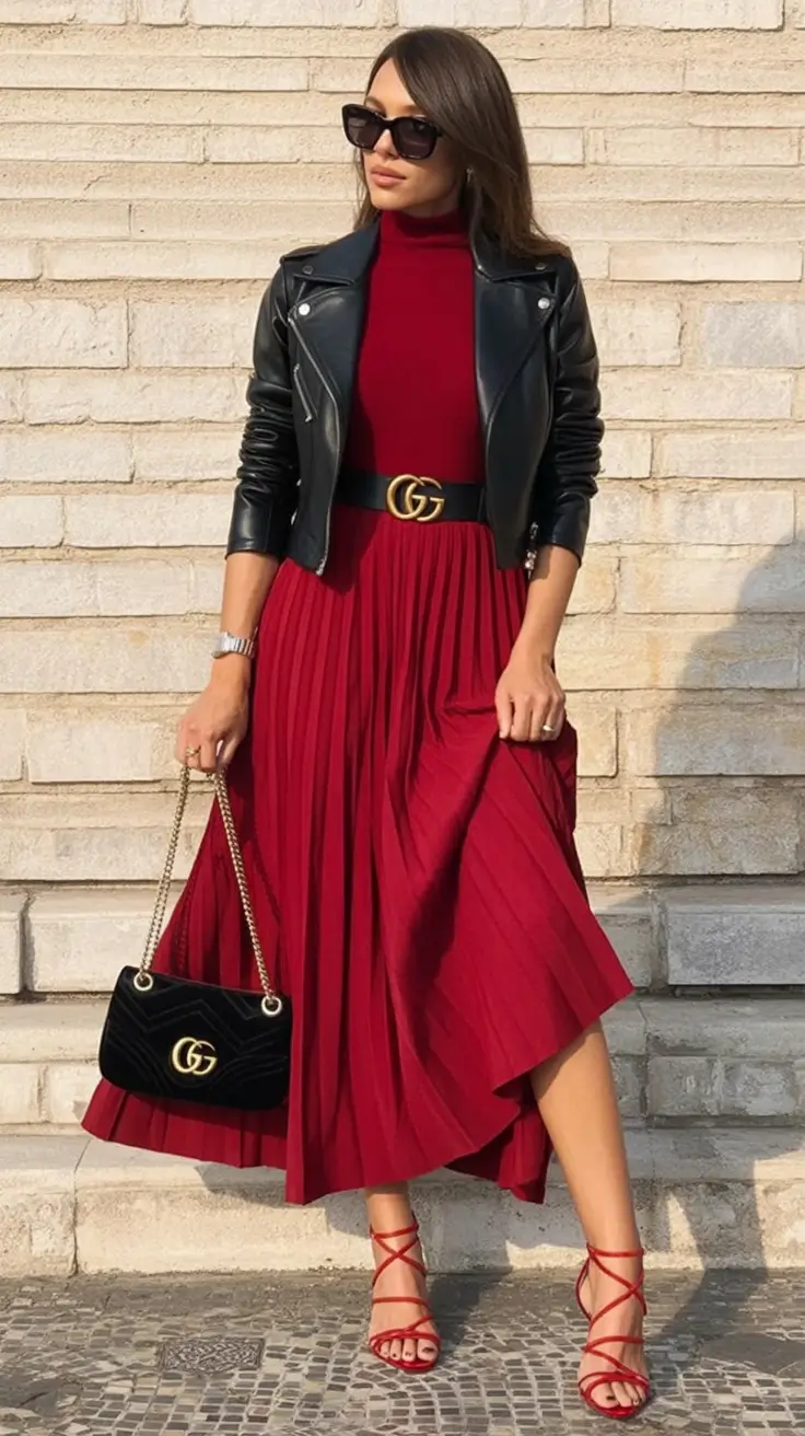 Fall 2025 Wedding Guest Dresses to Impress Red Pleats and Leather Confidence