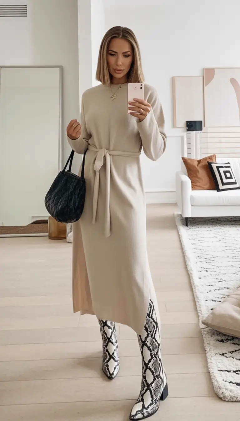 Fall 2025 Wedding Guest Dresses to Impress Cozy Knit with Bold Boot Energy