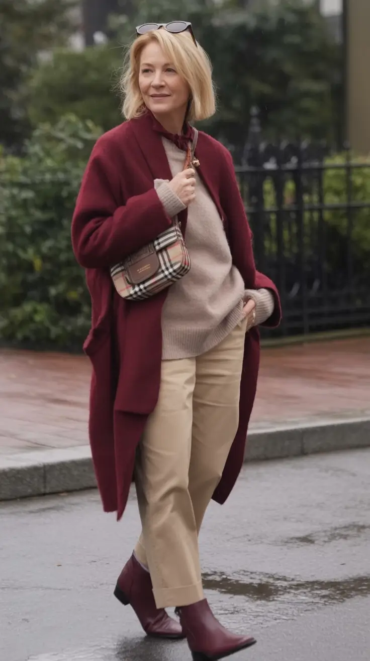 2025 fall outfits inspiration for women over 60 Timeless Warmth in Wine and Beige