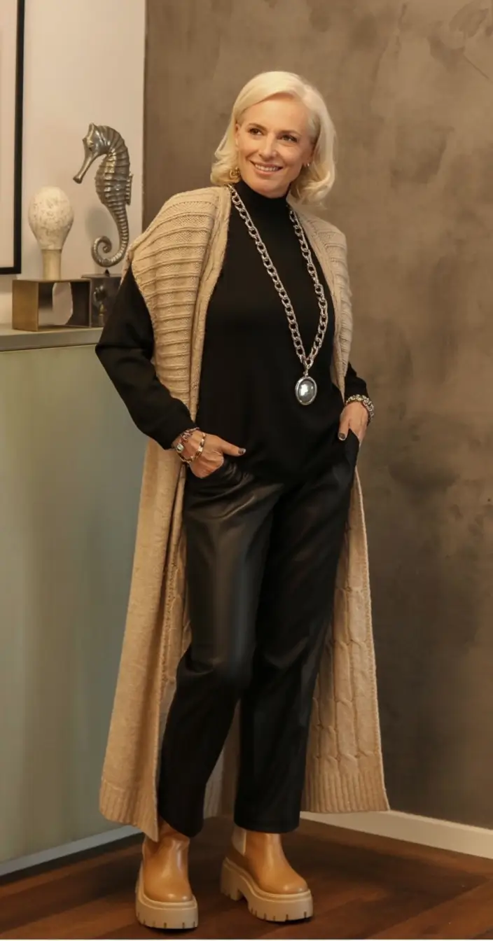 2025 fall outfits inspiration for women over 60 Cozy Power in Leather and Knit