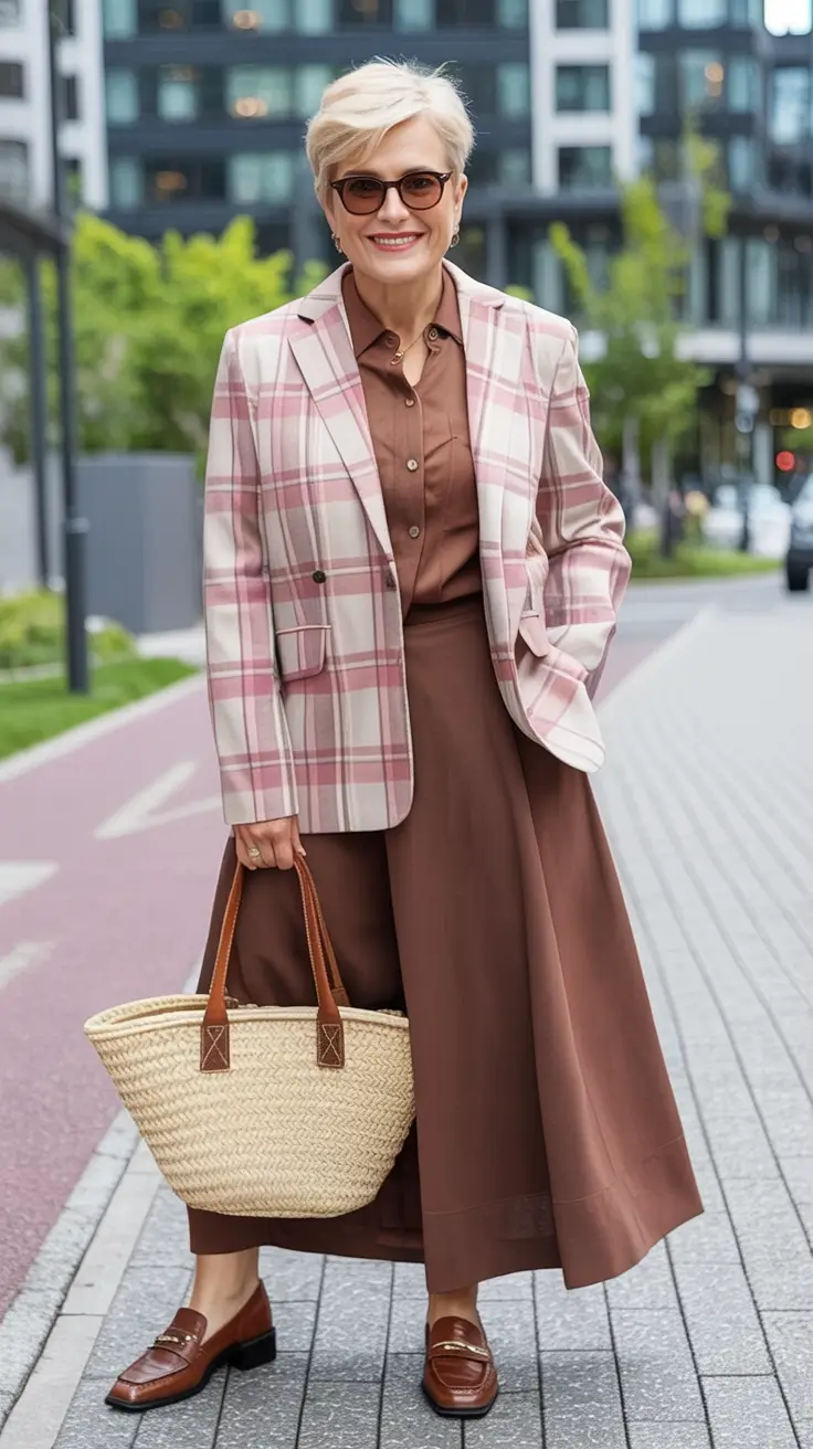 2025 fall outfits inspiration for women over 60 Soft Plaids and Warm Chocolate Tones