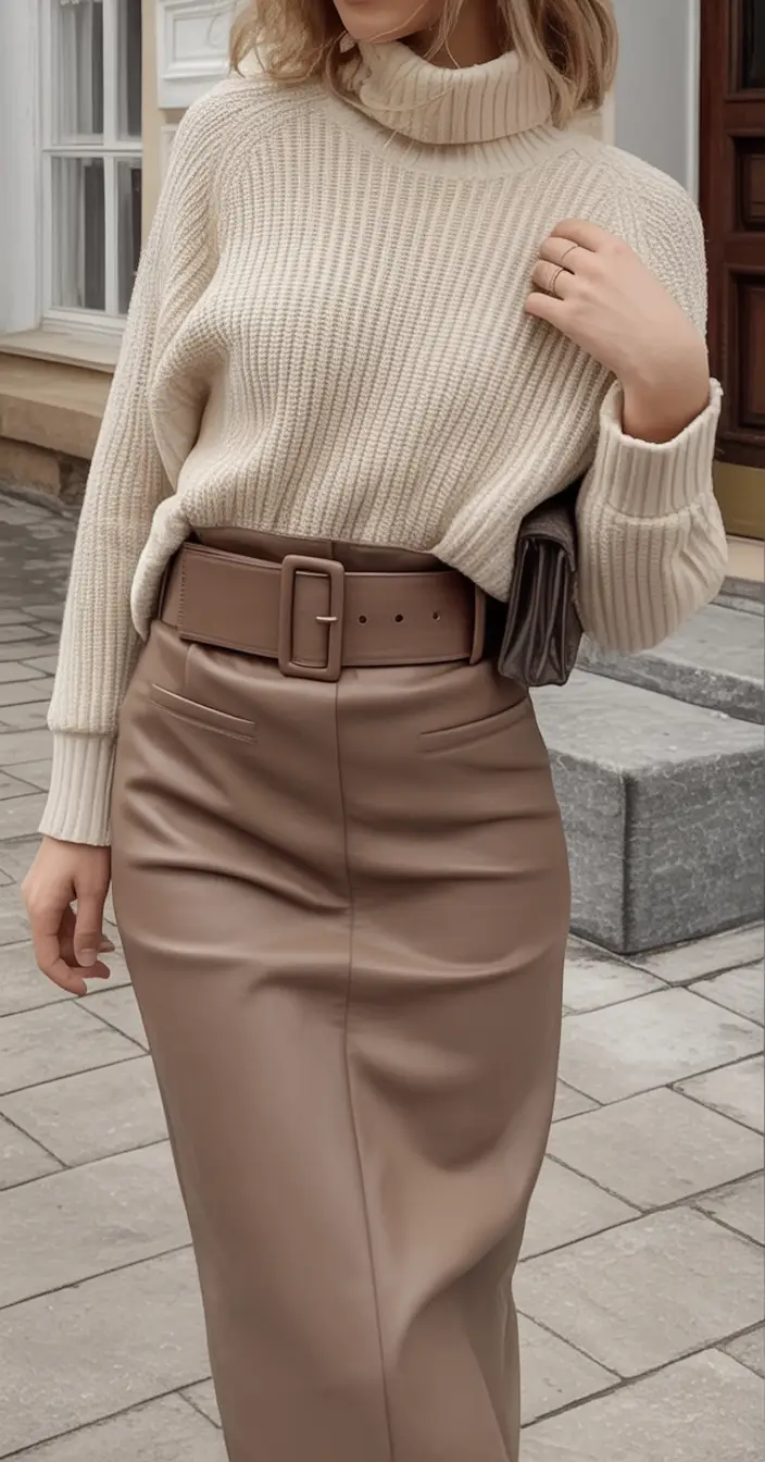 fall skirt outfits ideas 2025 Soft Power in Tonal Leather