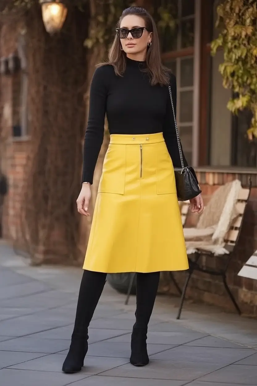 fall skirt outfits ideas 2025 Vibrant Minimalism in Lemon Leather