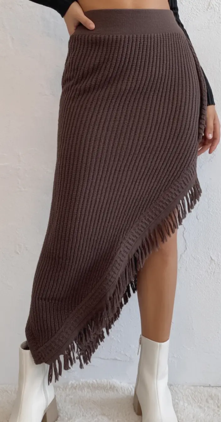 fall skirt outfits ideas 2025 Ribbed Texture and Fringe Drama