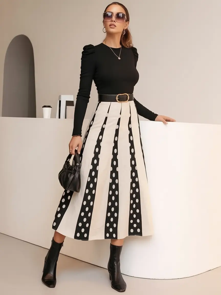 fall skirt outfits ideas 2025 Retro Flair in Polka Pleats