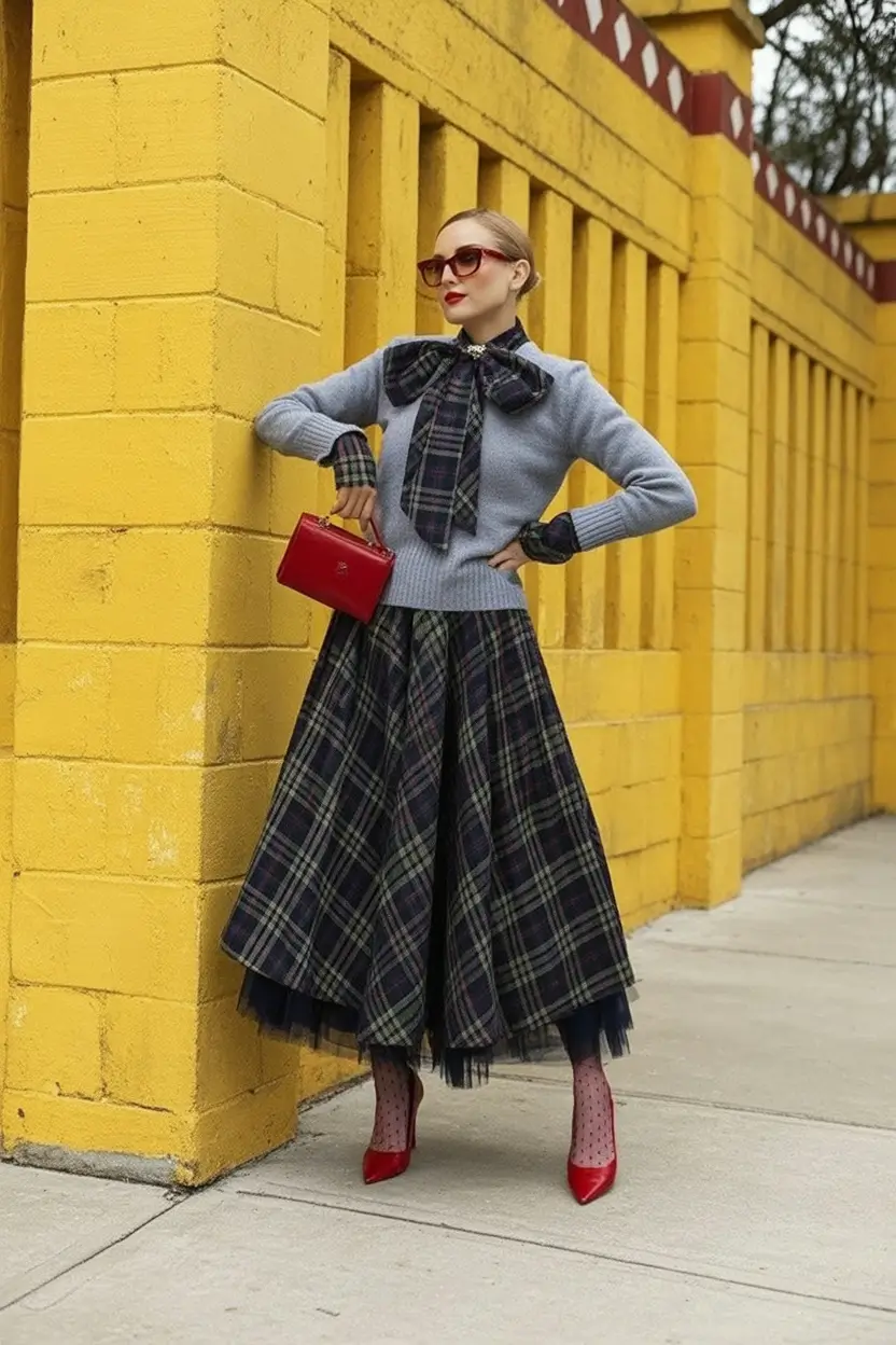 fall skirt outfits ideas 2025 Bold Plaid with a Touch of Drama