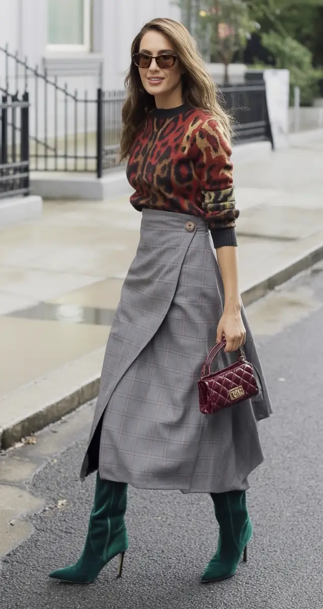 fall skirt outfits ideas 2025 Statement Knit + Bold Plaid Layers