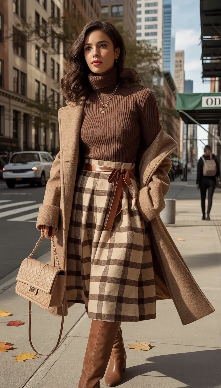 fall skirt outfits ideas 2025 Warm Cocoa Elegance on the Streets