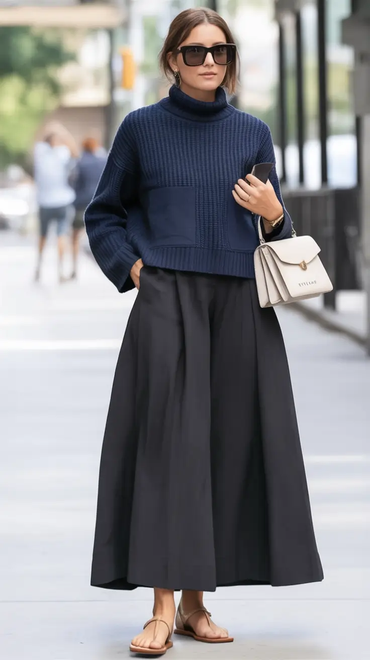 Fall transitional outfits to try in 2025 Navy Knit, Black Volume
