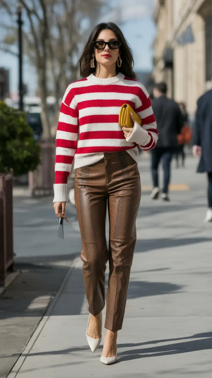 Fall transitional outfits to try in 2025 Chic Stripes and Leather Confidence