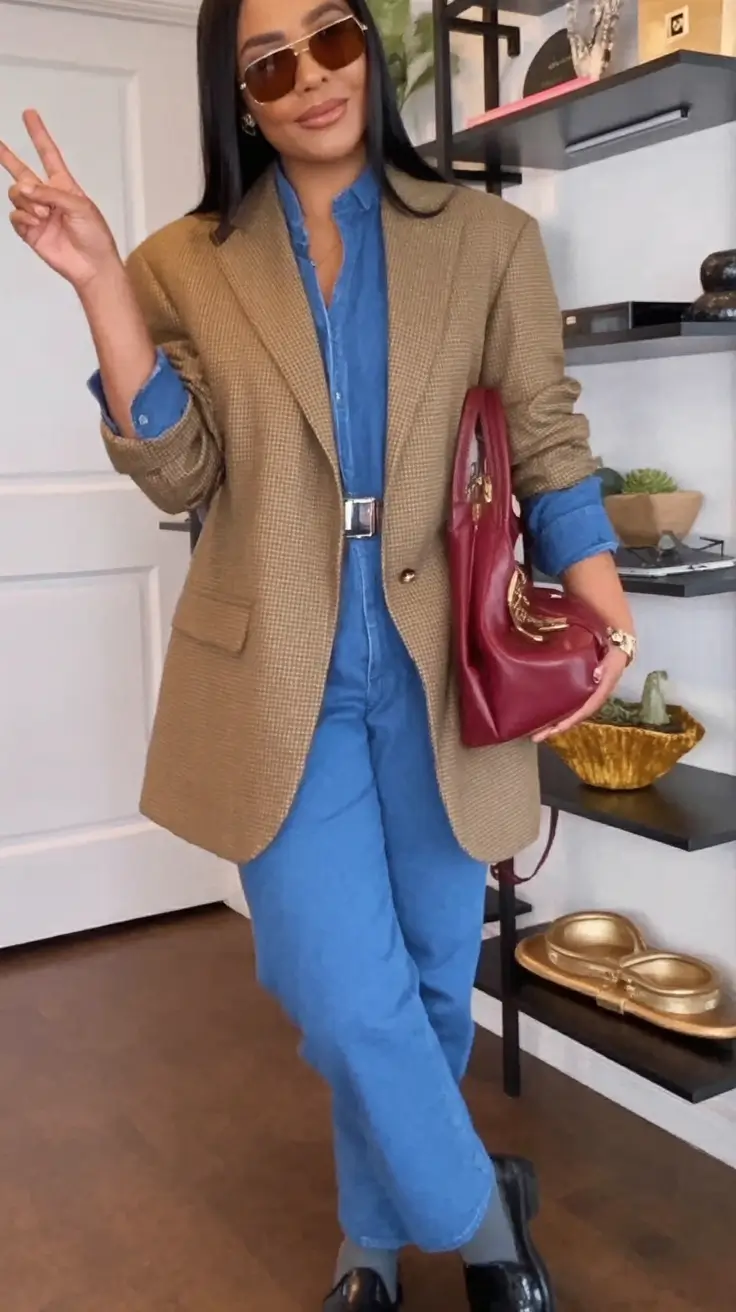 Fall transitional outfits to try in 2025 Denim Uniform with a Blazer Twist