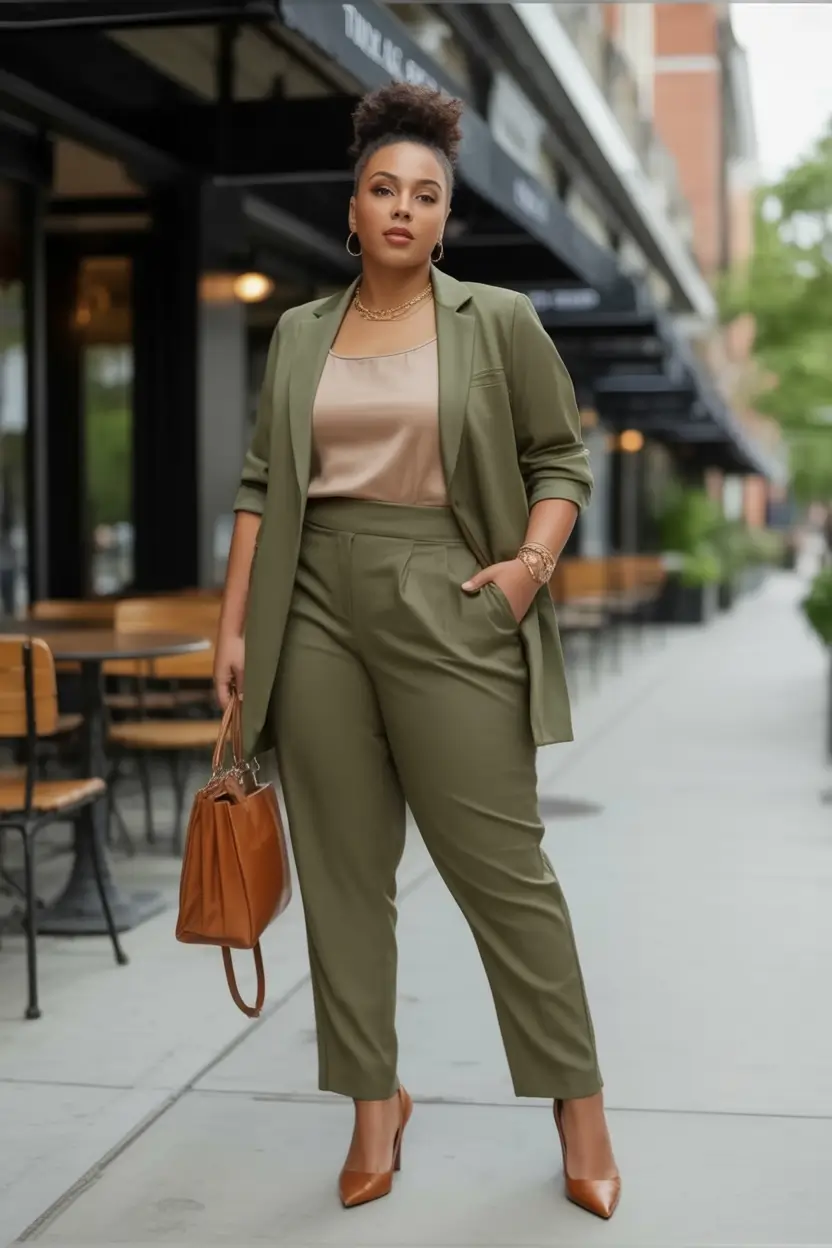 2025 Fashion Capsule Wardrobe for Plus Sizes Women Olive Suiting with Satin Ease