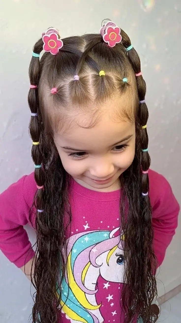 first day of school hairstyles ideas 2025 Double Bubble Pigtails with Floral Clips