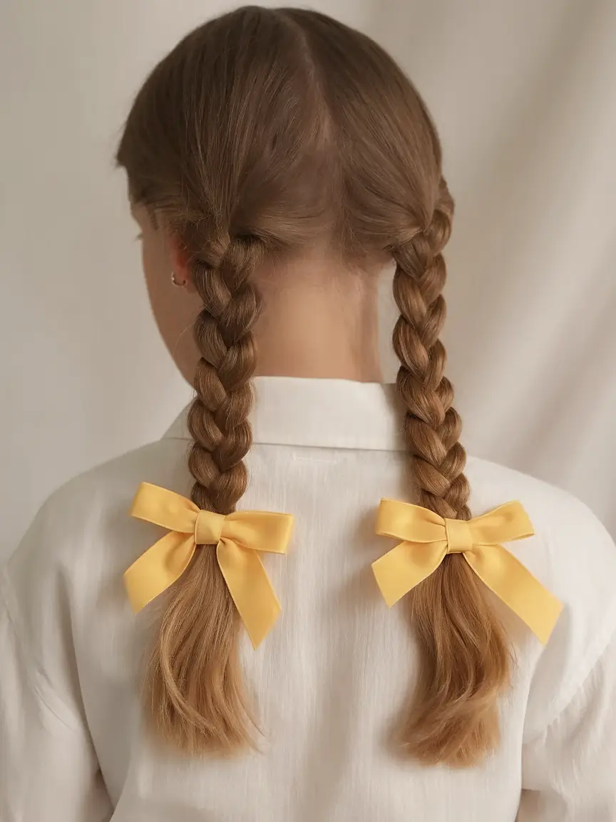 first day of school hairstyles ideas 2025 Soft Twin Braids with Yellow Ribbons