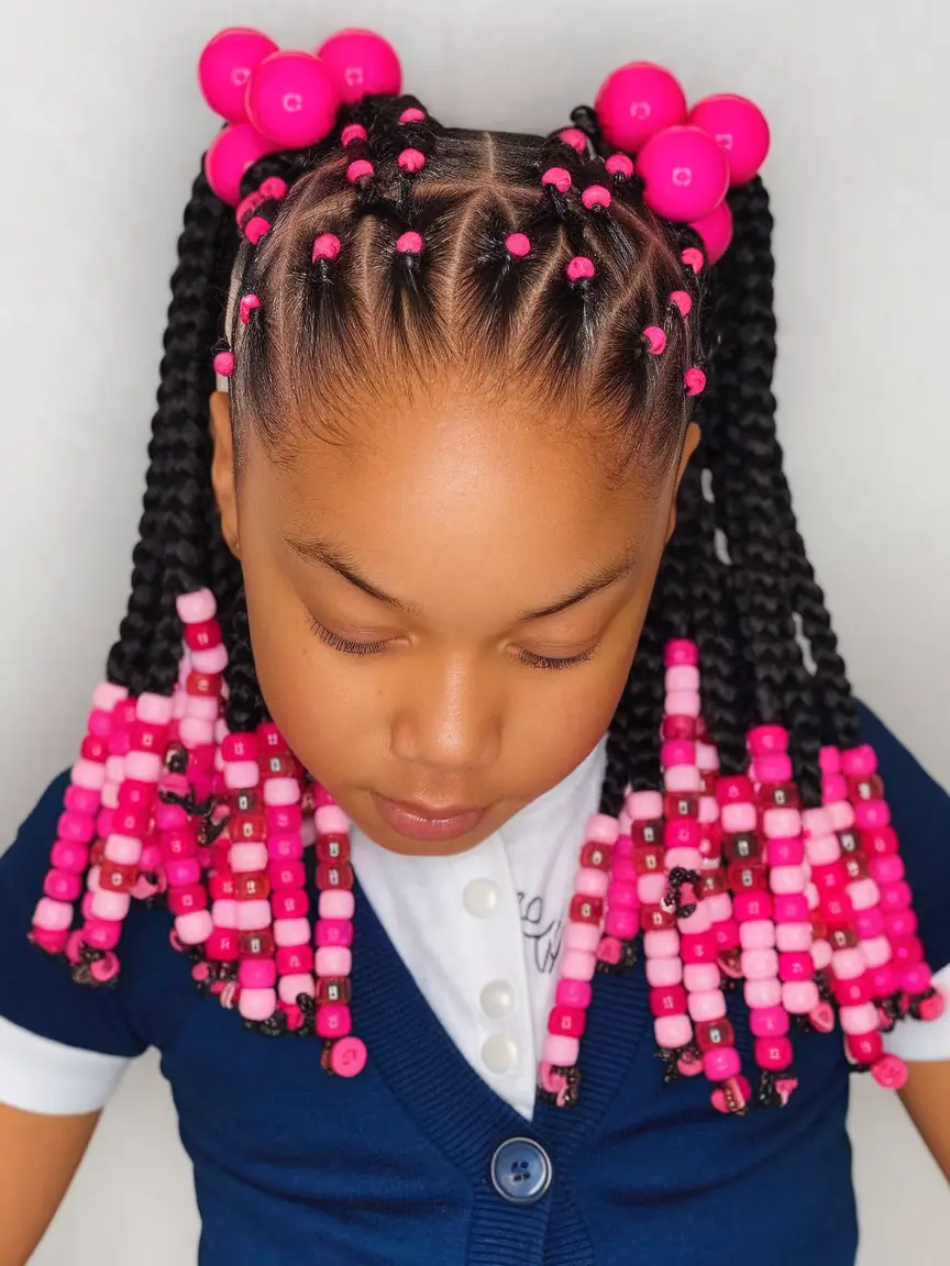 first day of school hairstyles ideas 2025 Beaded Crown Puffs with Braided Ends