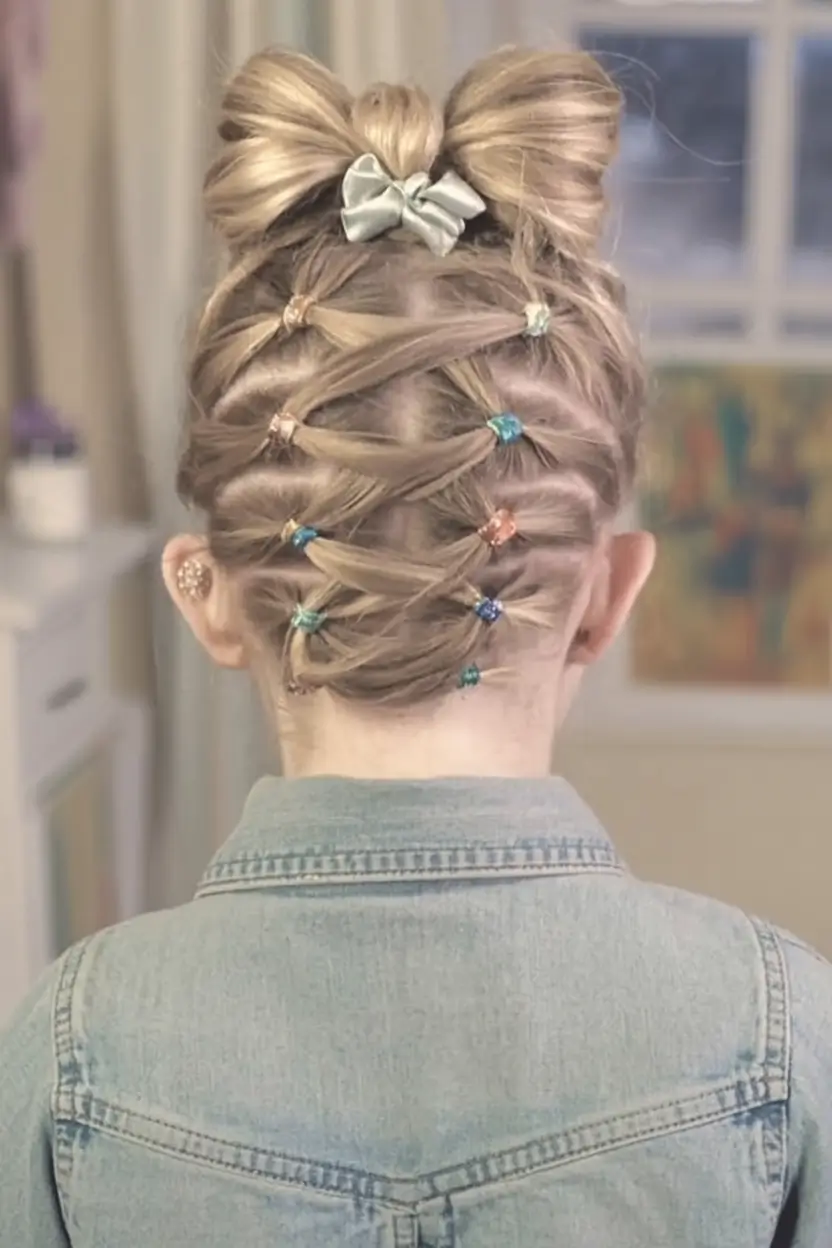 first day of school hairstyles ideas 2025 Crisscrossed Elastic Weave with Mini Bow Top