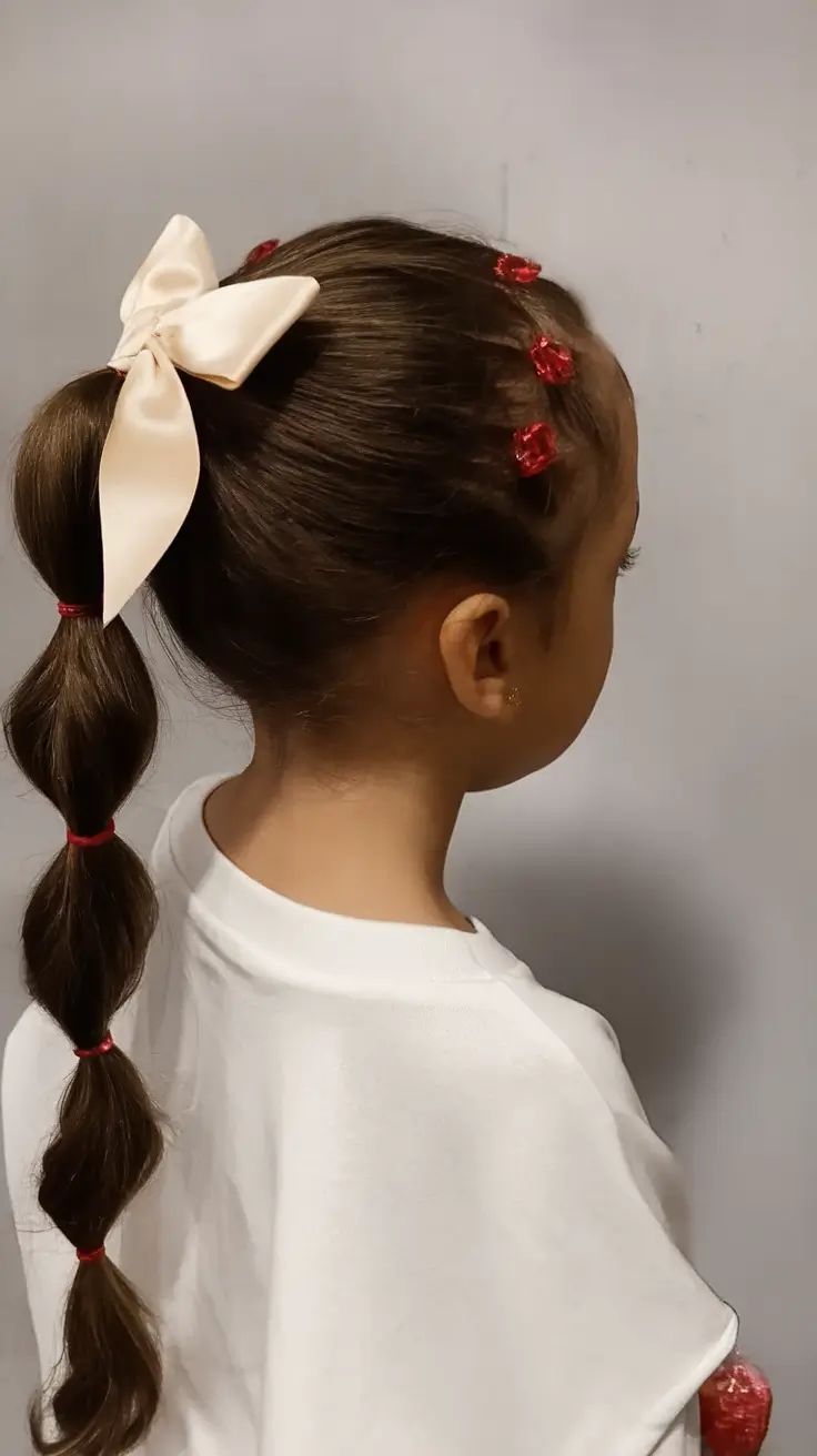 first day of school hairstyles ideas 2025 Bubble Ponytail with Bow and Floral Clips
