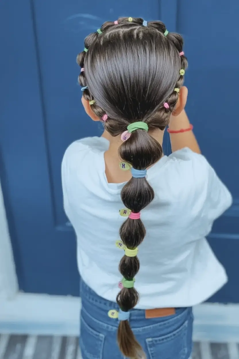 first day of school hairstyles ideas 2025 Bubble Wrap Pony with Color Bands