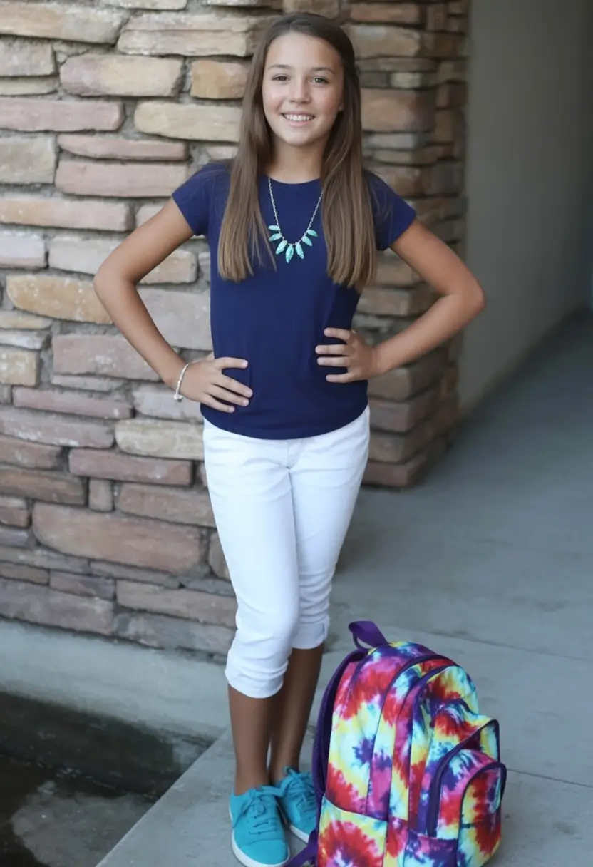 first day of school outfits ideas 2025 Tie-Dye Backpack and Classic Color Block