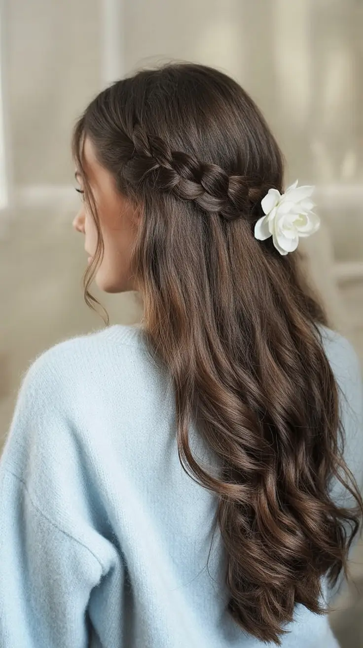 Fresh & Easy Hairstyles for the First Day of School 2025 Side Braid Crown with Flower Accent