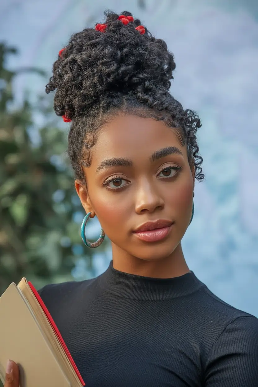 Fresh & Easy Hairstyles for the First Day of School 2025 Coiled High Bun with Red Beads