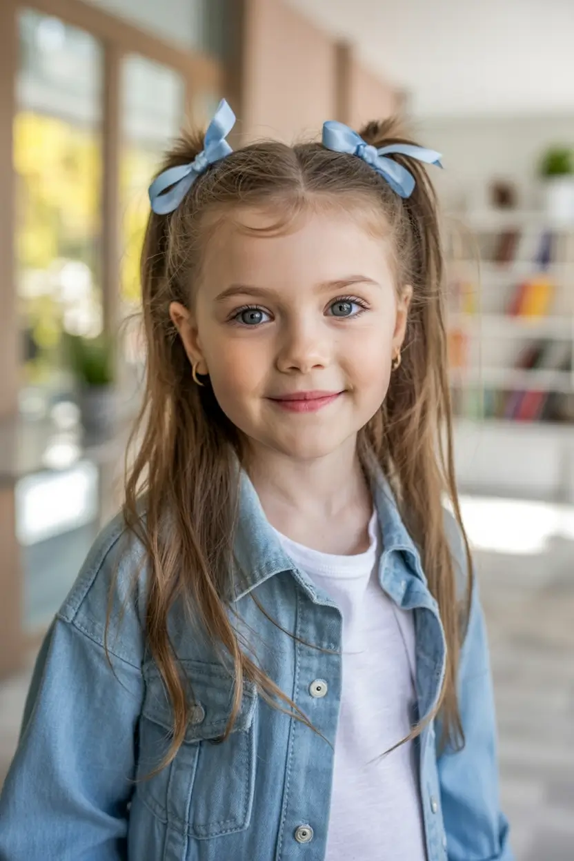 Fresh & Easy Hairstyles for the First Day of School 2025 Sky-High Pigtails with Blue Ribbon Ties