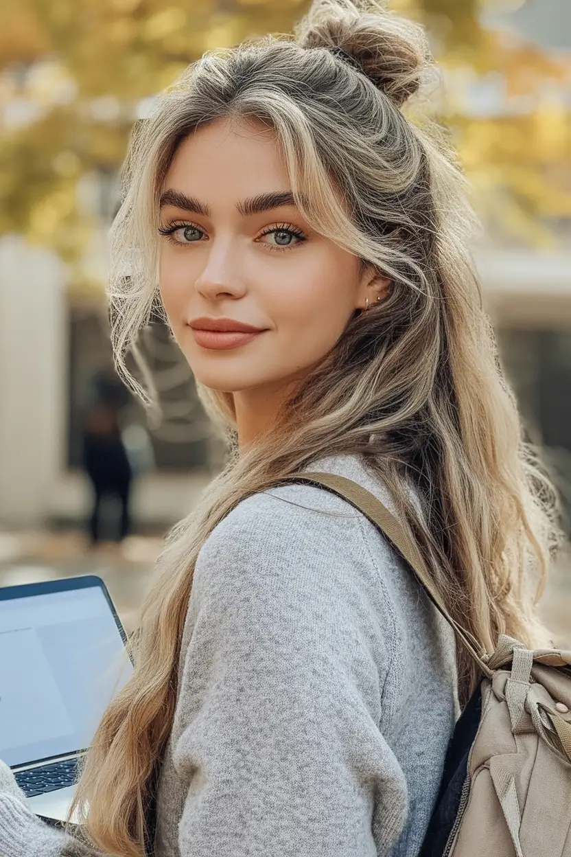Fresh & Easy Hairstyles for the First Day of School 2025 Messy Blonde Top Knot with Fall Layers