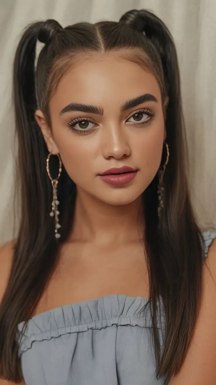 Fresh Hairstyles for July 2025 Clean Center Part with Dual Ponytails