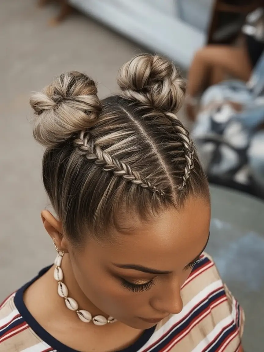 Fresh Hairstyles for July 2025 Space Buns with Braided Accents